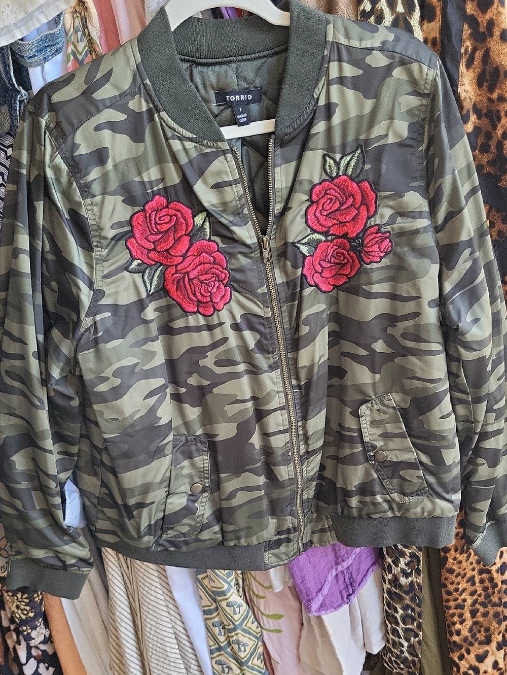 Torrid Green Camo Bomber Jacket with Red Rose Patches